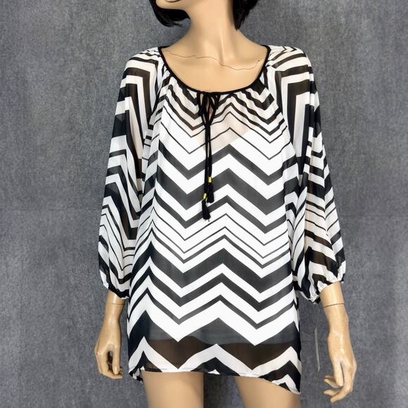 Sheer Chiffon Chevron Chic Tunic w/Tank L Asymmetric Hem Black/White Boho Flowy - Picture 4 of 15